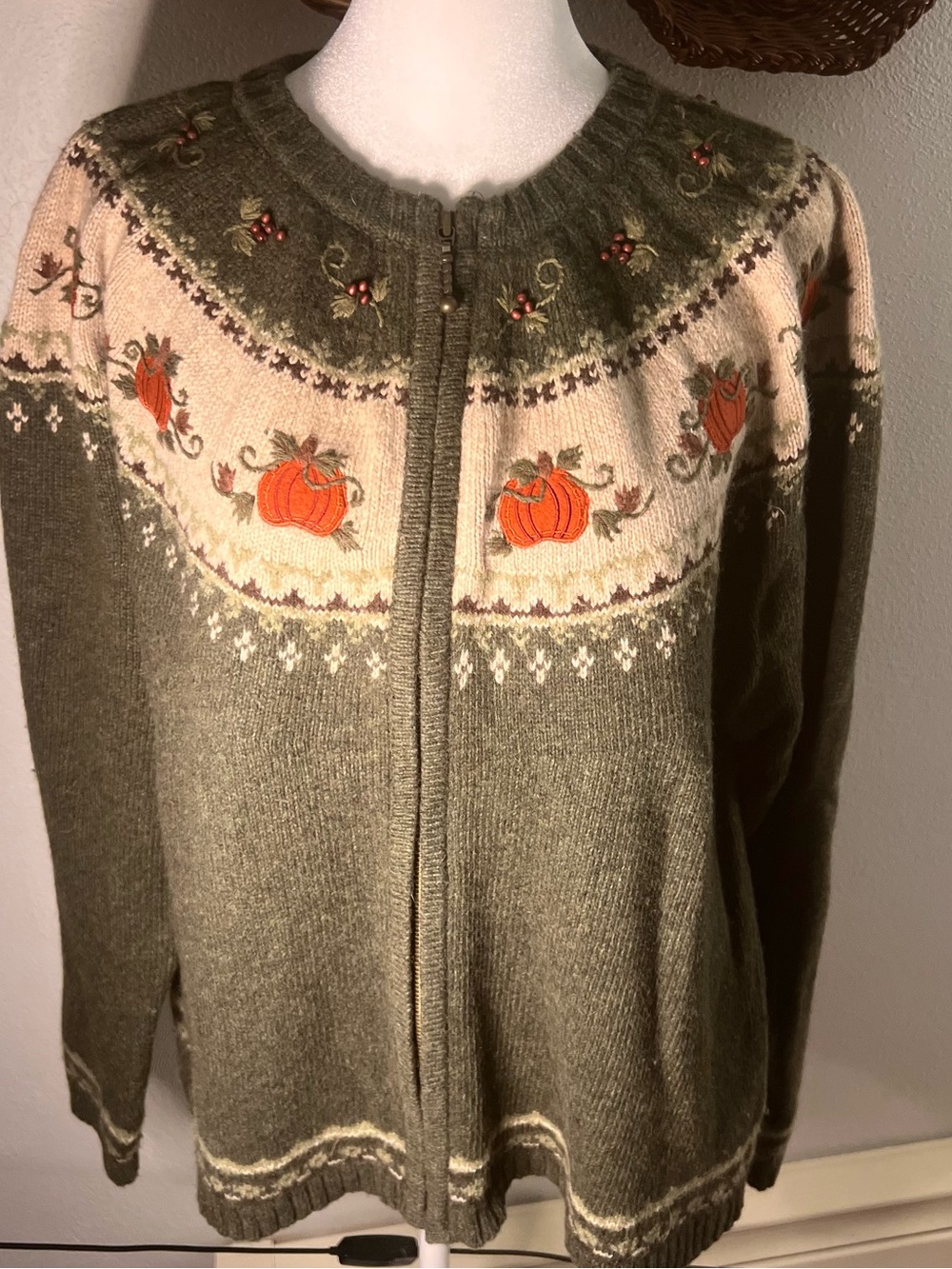 croft & barrow Olive Zip-Front Cardigan with Pumpkin Embroidery